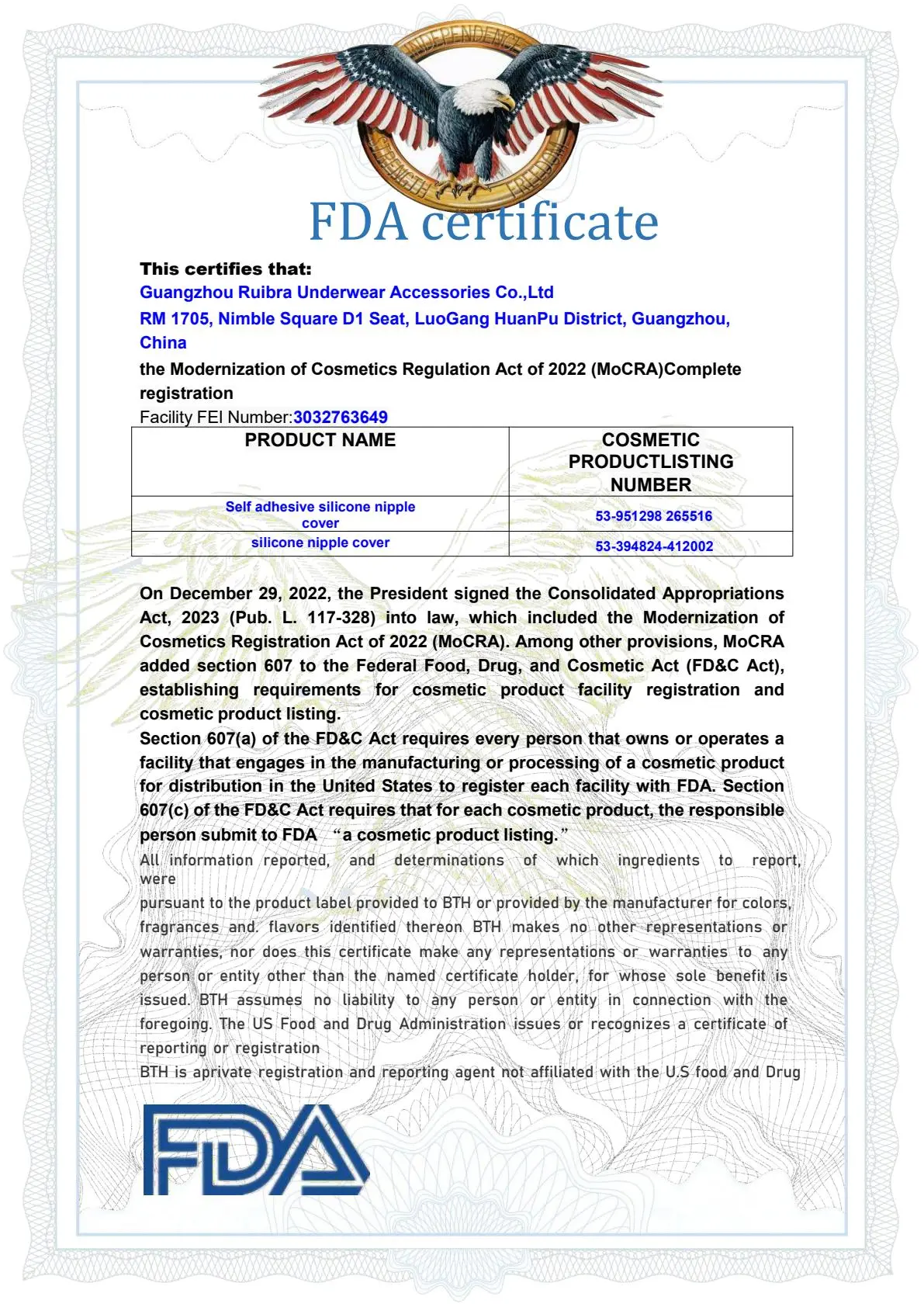 FDA Registration Certificate